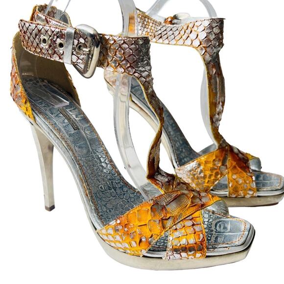 New Massimo Dogana Snake Leather Heel Sandals Size 9.5 US  Silver / Yellow Color - Picture 6 of 16